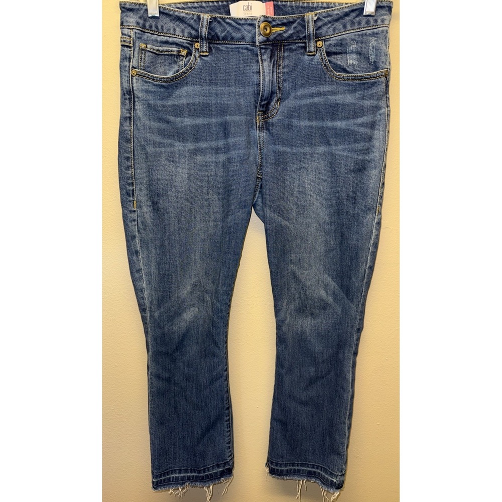 Cabi Women's Kick It Crop Distressed Raw Hem Flare Stretch Blue Jeans Size 8